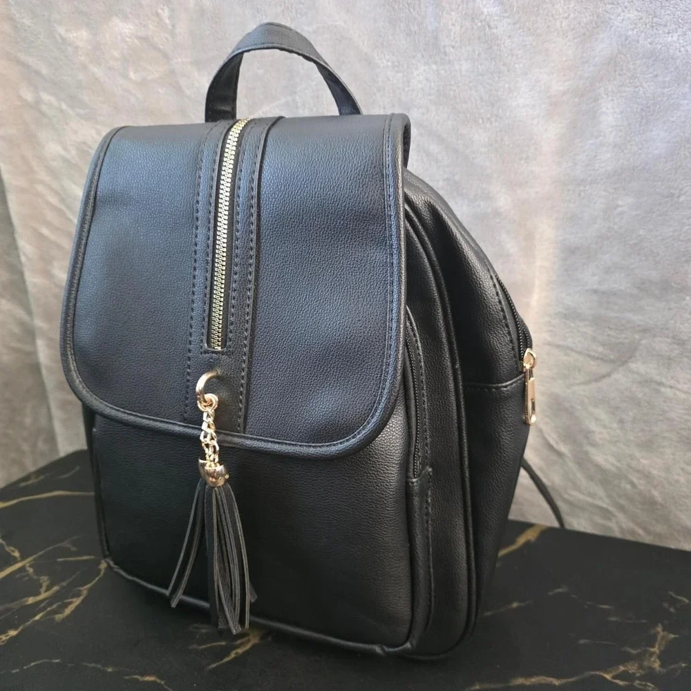 Black Faux Leather Mini Backpack Purse w/ Gold Tassel Charm Goth Y2K